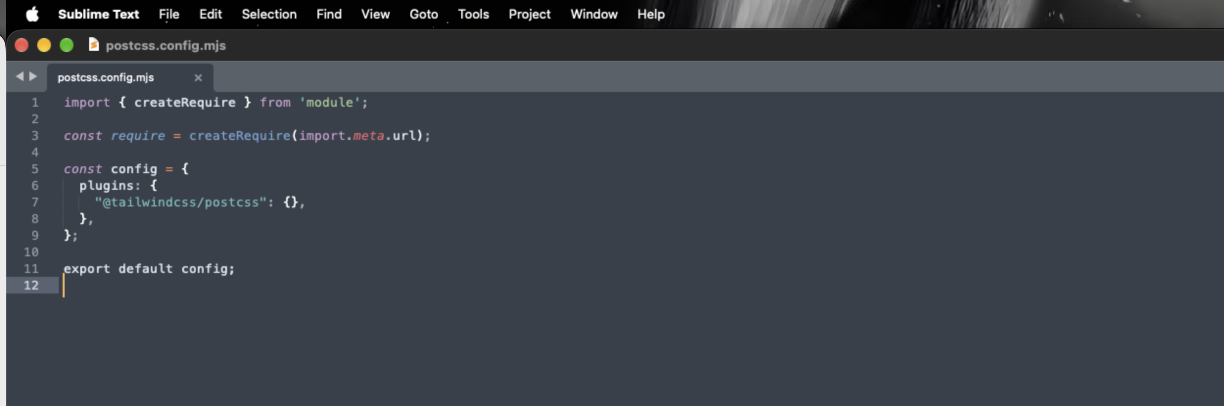A PostCSS config open in Sublime Text, showing eleven ordinary lines of Tailwind configuration and nothing else
